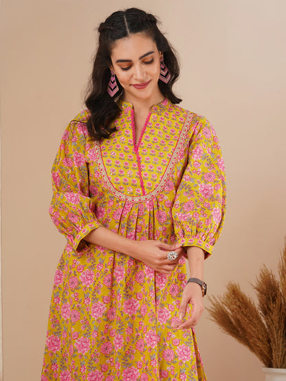 Ethnic Floral Printed A-Line Pleated Kurta with Pant - Yellow