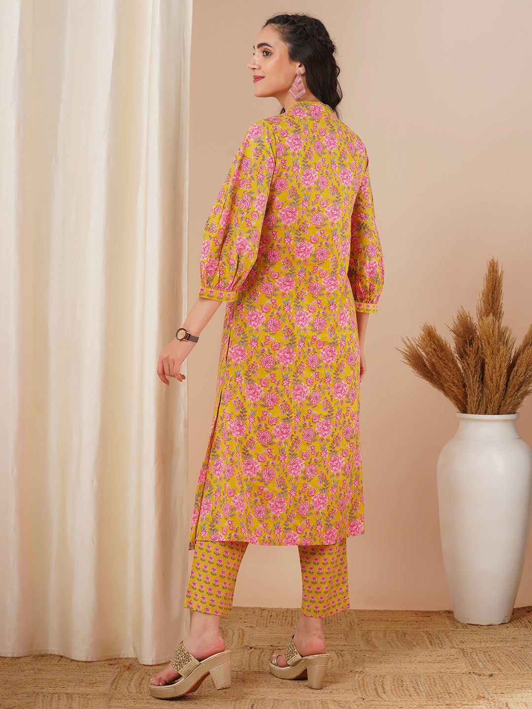 Ethnic Floral Printed A-Line Pleated Kurta with Pant - Yellow