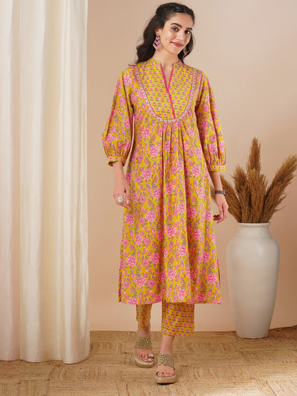 Ethnic Floral Printed A-Line Pleated Kurta with Pant - Yellow