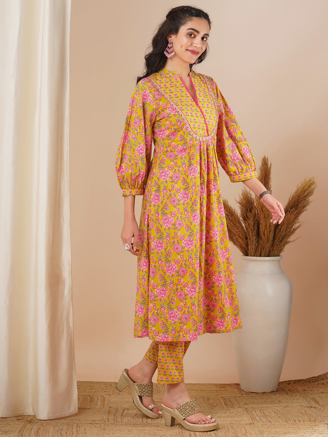 Ethnic Floral Printed A-Line Pleated Kurta with Pant - Yellow