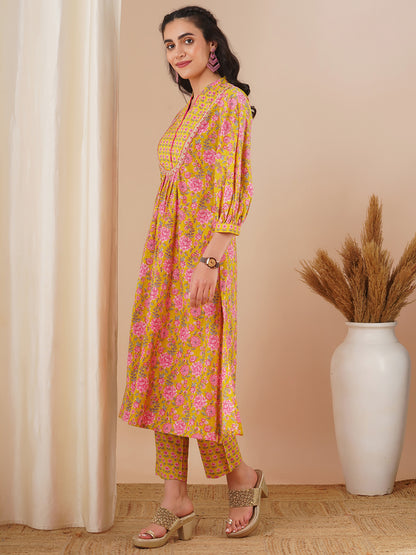 Ethnic Floral Printed A-Line Pleated Kurta with Pant - Yellow