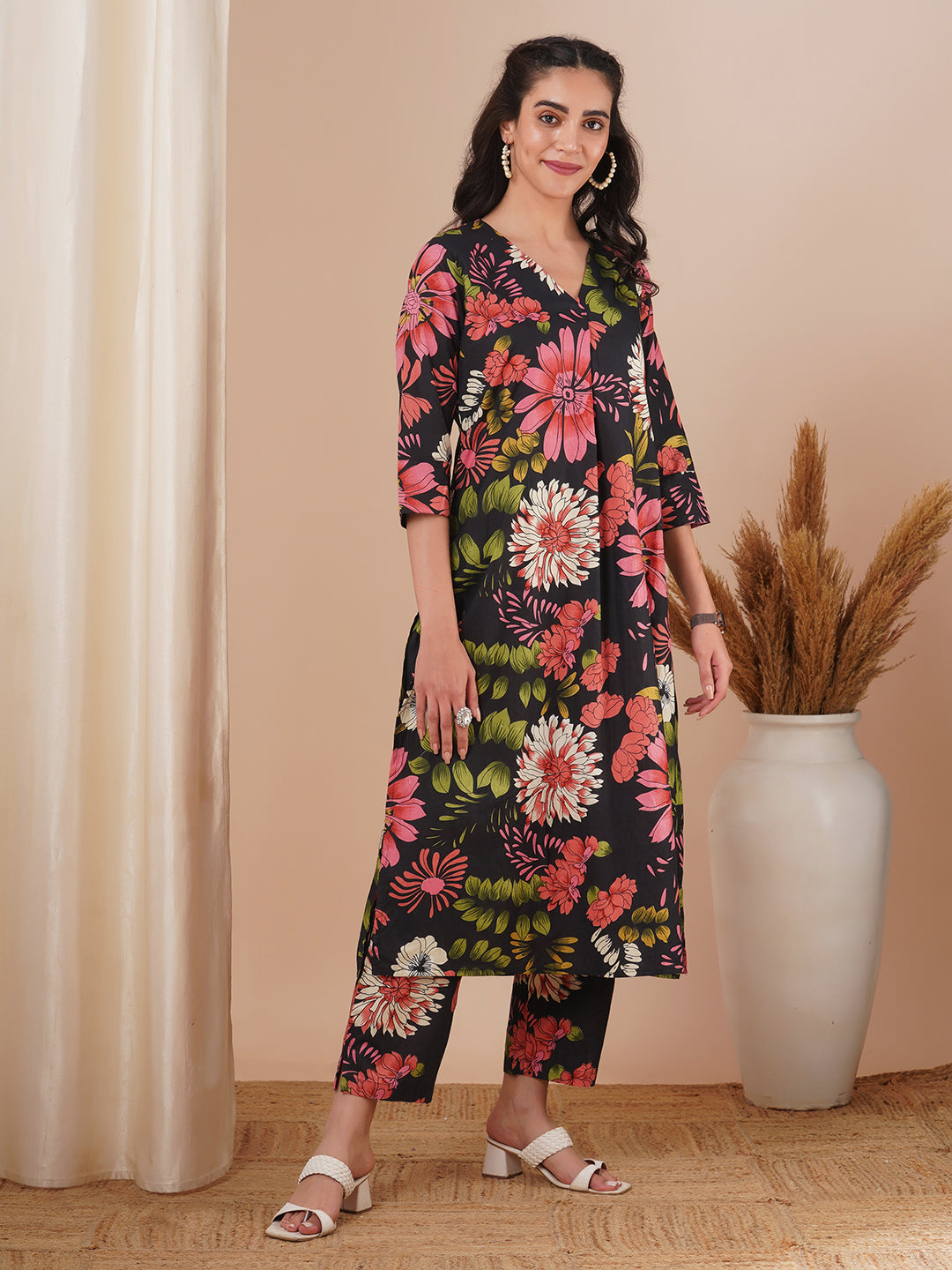 Floral Printed Straight Fit Co-ord Set - Black