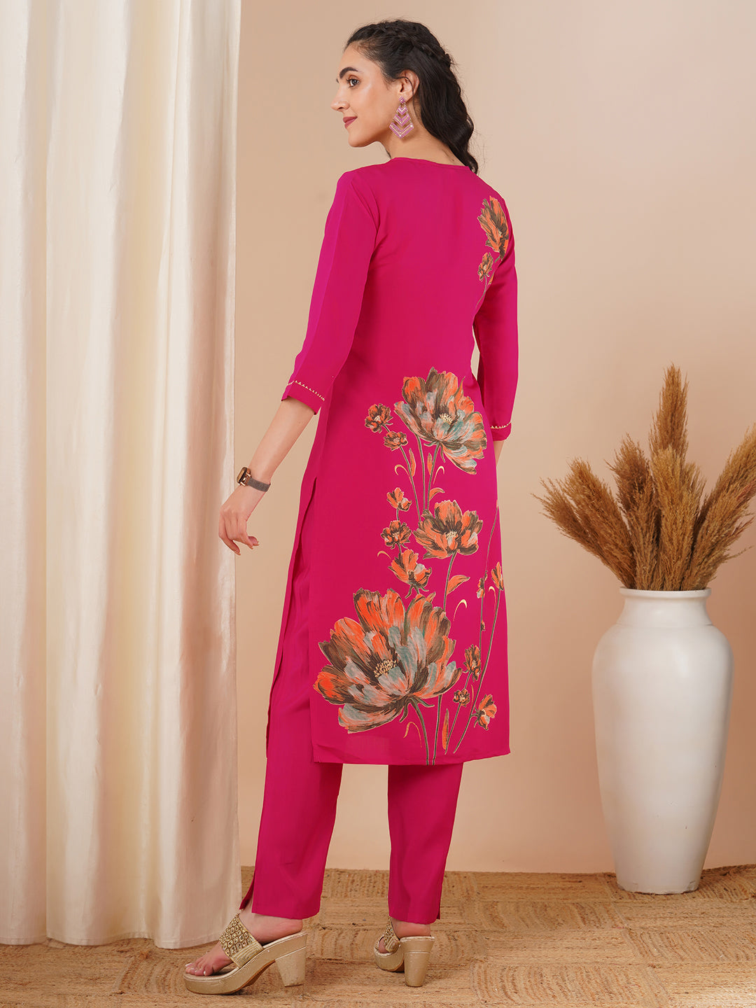 Abstract Floral Foil Printed Straight Fit Kurta with Pant - Pink