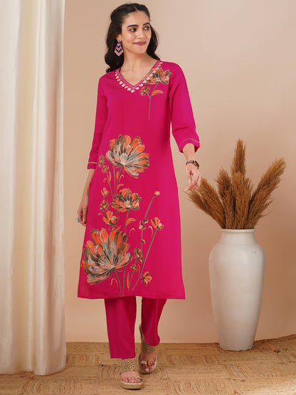 Abstract Floral Foil Printed Straight Fit Kurta with Pant - Pink