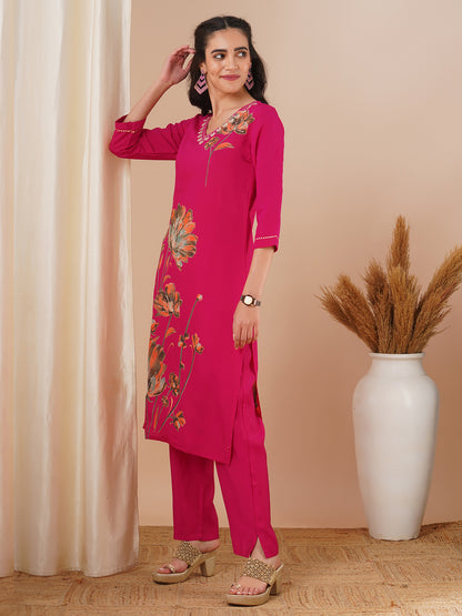 Abstract Floral Foil Printed Straight Fit Kurta with Pant - Pink