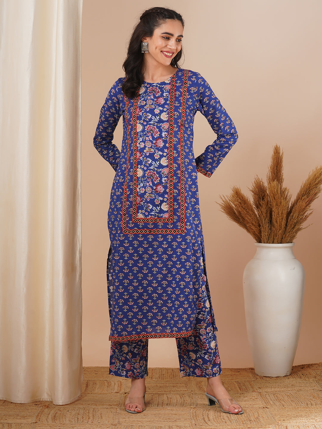 Ethnic Floral Printed Straight Fit Kurta and Pant - Blue