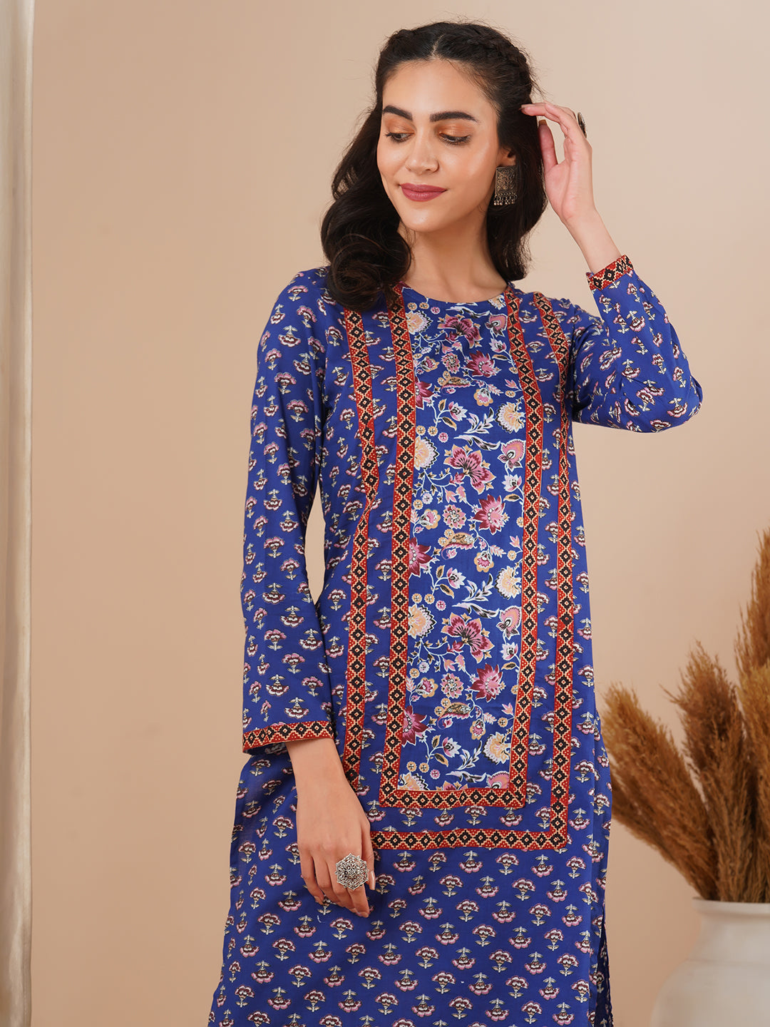 Ethnic Floral Printed Straight Fit Kurta and Pant - Blue