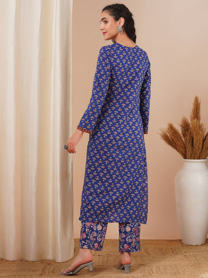 Ethnic Floral Printed Straight Fit Kurta and Pant - Blue