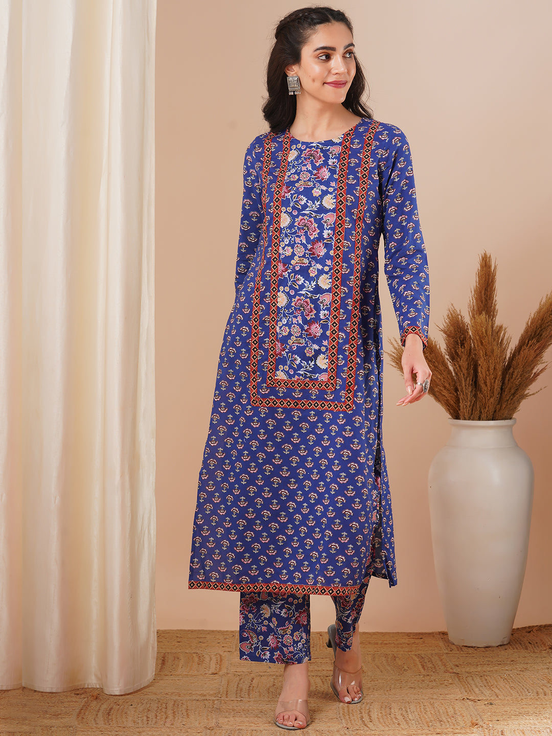 Ethnic Floral Printed Straight Fit Kurta and Pant - Blue