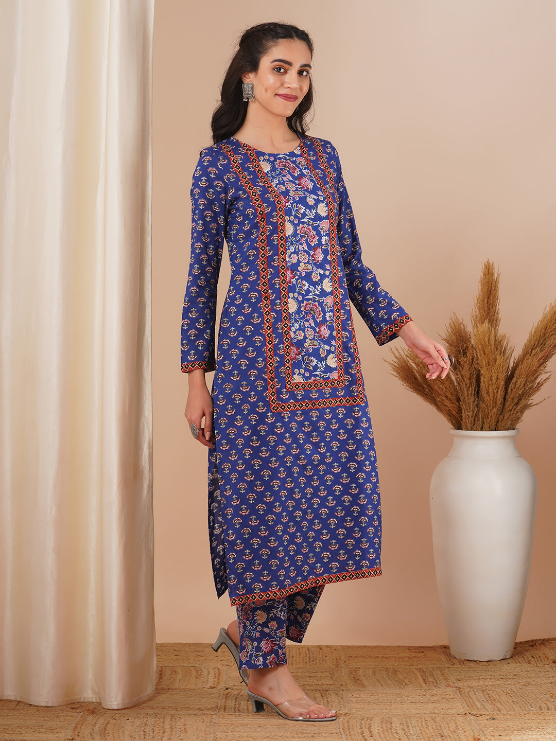 Ethnic Floral Printed Straight Fit Kurta and Pant - Blue