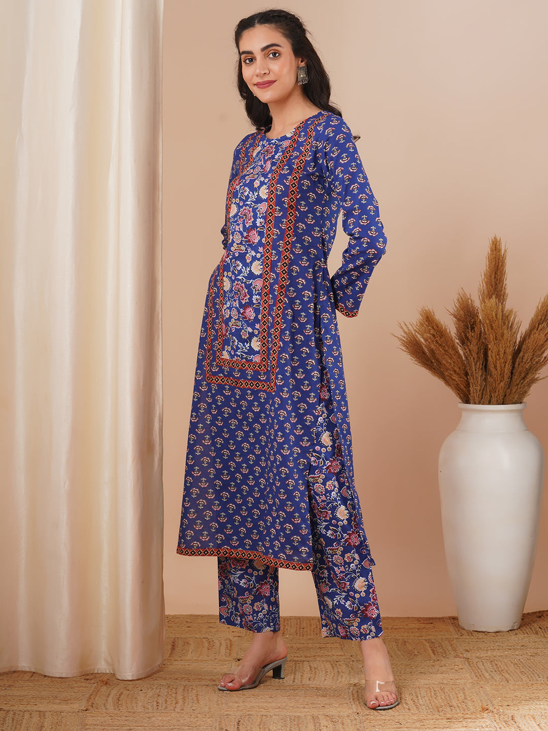 Ethnic Floral Printed Straight Fit Kurta and Pant - Blue