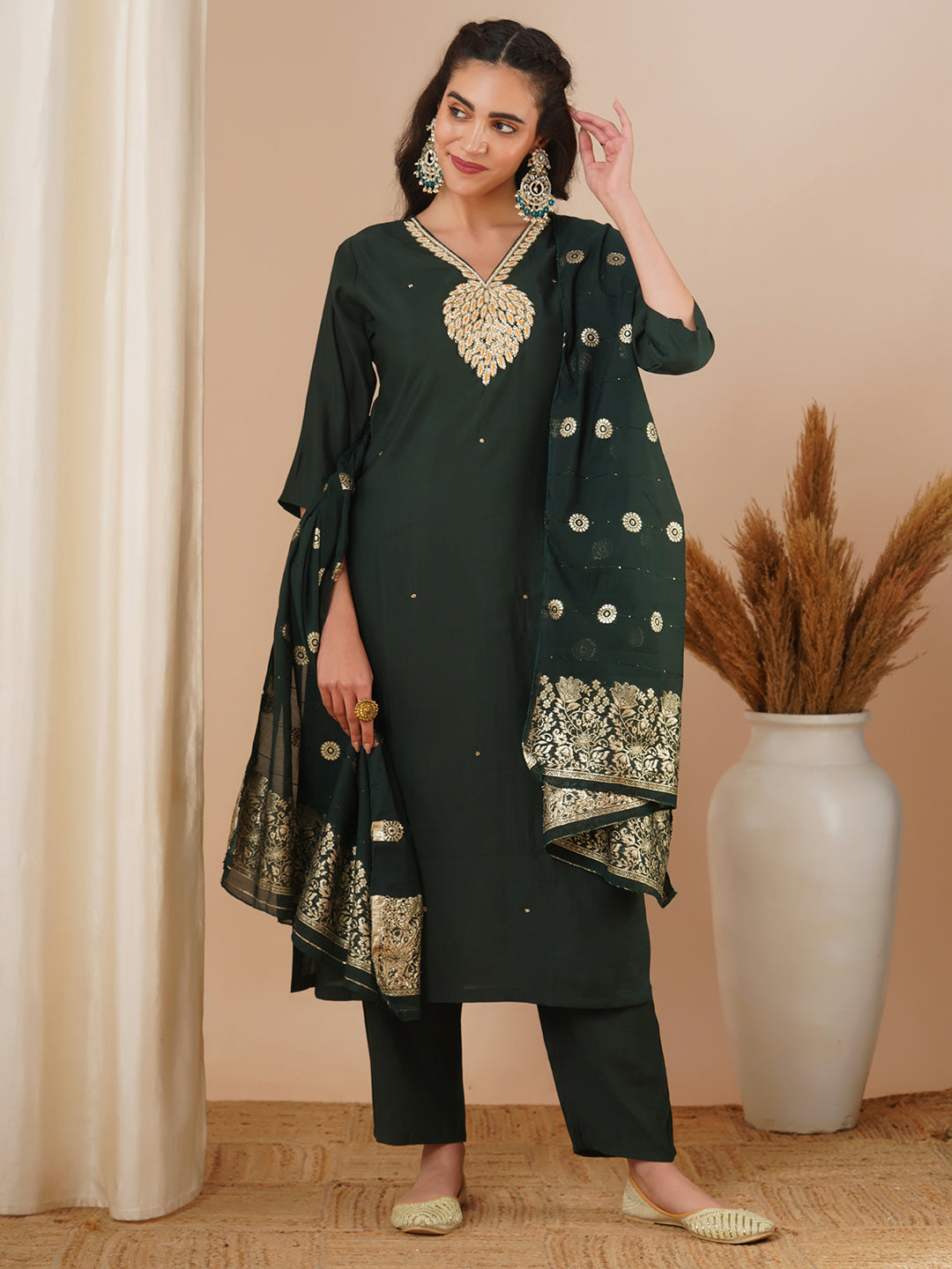 Solid Ethnic Hand Embroidered Straight Fit Kurta with Pant & Dupatta - Green