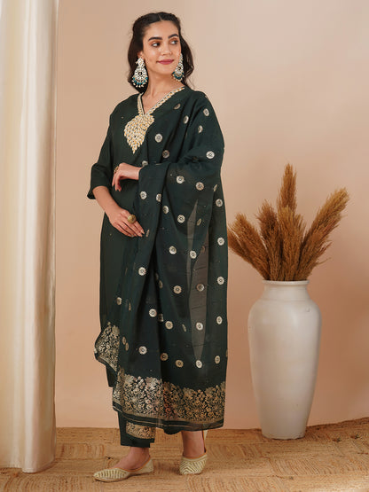 Solid Ethnic Hand Embroidered Straight Fit Kurta with Pant & Dupatta - Green