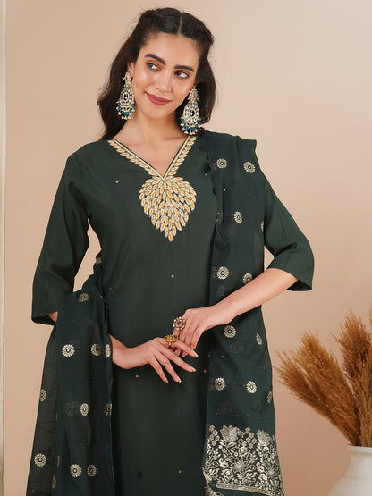 Solid Ethnic Hand Embroidered Straight Fit Kurta with Pant & Dupatta - Green