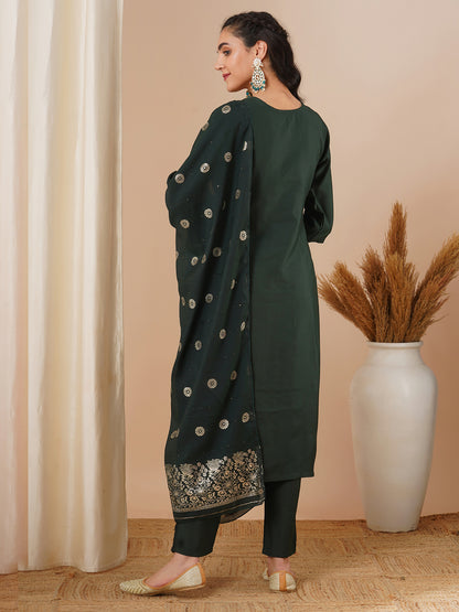 Solid Ethnic Hand Embroidered Straight Fit Kurta with Pant & Dupatta - Green