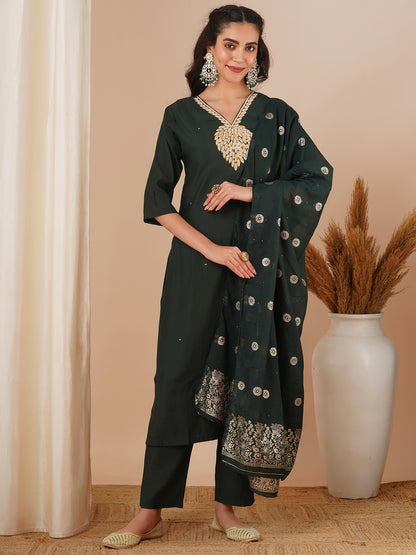 Solid Ethnic Hand Embroidered Straight Fit Kurta with Pant & Dupatta - Green