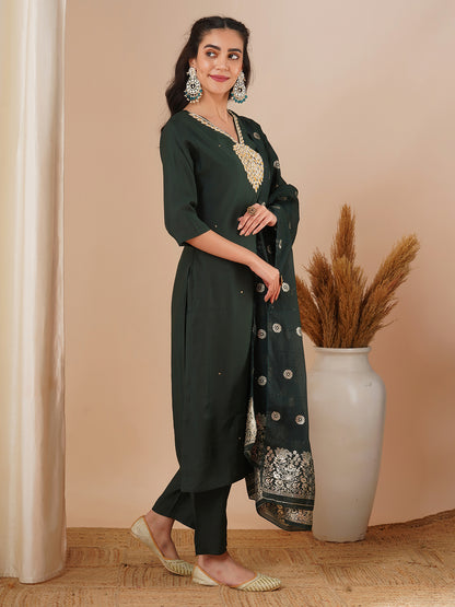 Solid Ethnic Hand Embroidered Straight Fit Kurta with Pant & Dupatta - Green