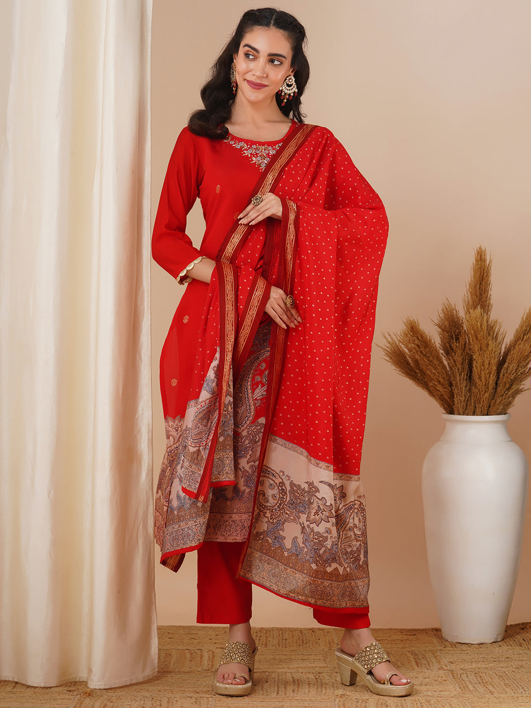 Solid Ethnic Hand Embroidered Straight Fit Kurta with Pant & Dupatta - Red