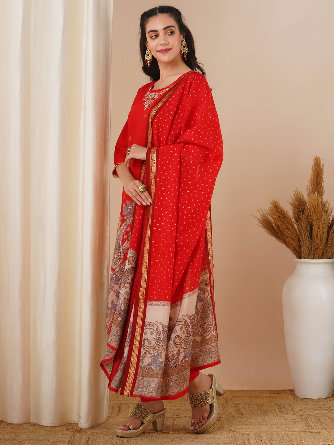 Solid Ethnic Hand Embroidered Straight Fit Kurta with Pant & Dupatta - Red