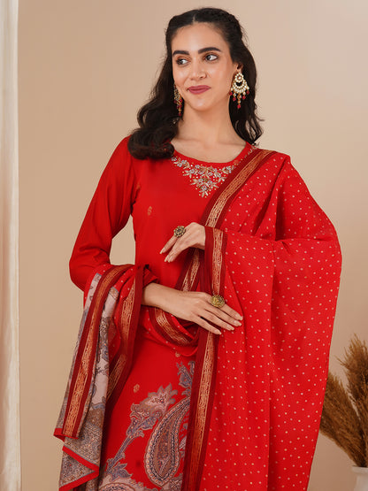 Solid Ethnic Hand Embroidered Straight Fit Kurta with Pant & Dupatta - Red