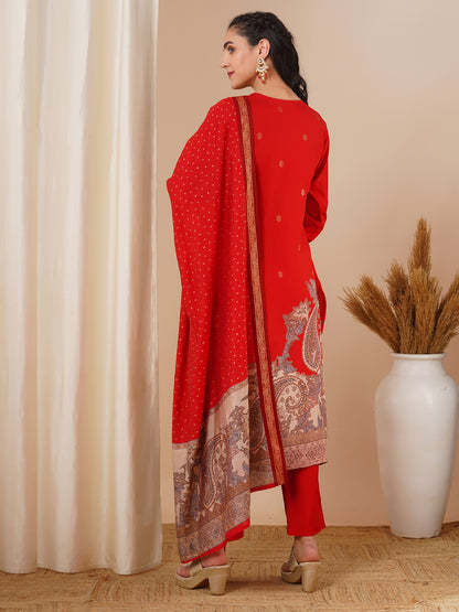 Solid Ethnic Hand Embroidered Straight Fit Kurta with Pant & Dupatta - Red