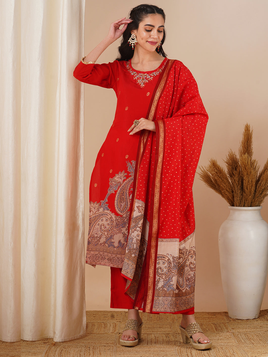 Solid Ethnic Hand Embroidered Straight Fit Kurta with Pant & Dupatta - Red