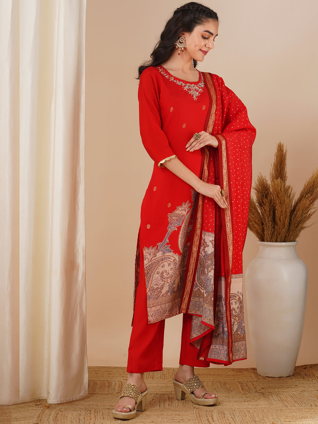 Solid Ethnic Hand Embroidered Straight Fit Kurta with Pant & Dupatta - Red