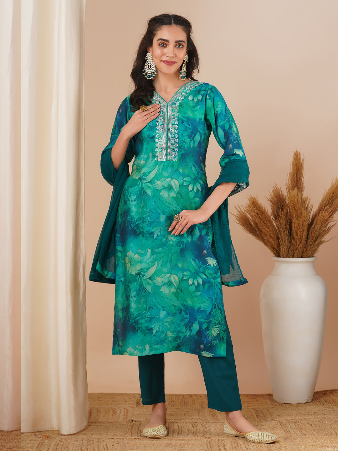 Abstract Printed & Embroidered Straight Fit Kurta with Pant and Dupatta - Sea Green