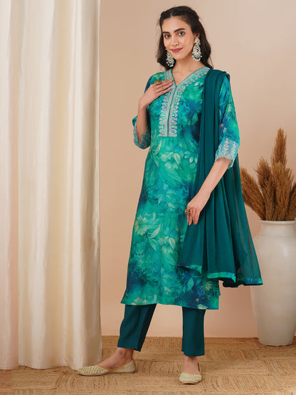 Abstract Printed & Embroidered Straight Fit Kurta with Pant and Dupatta - Sea Green