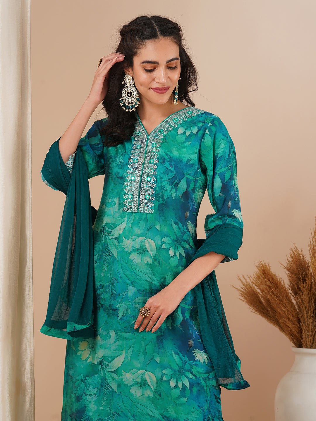 Abstract Printed & Embroidered Straight Fit Kurta with Pant and Dupatta - Sea Green