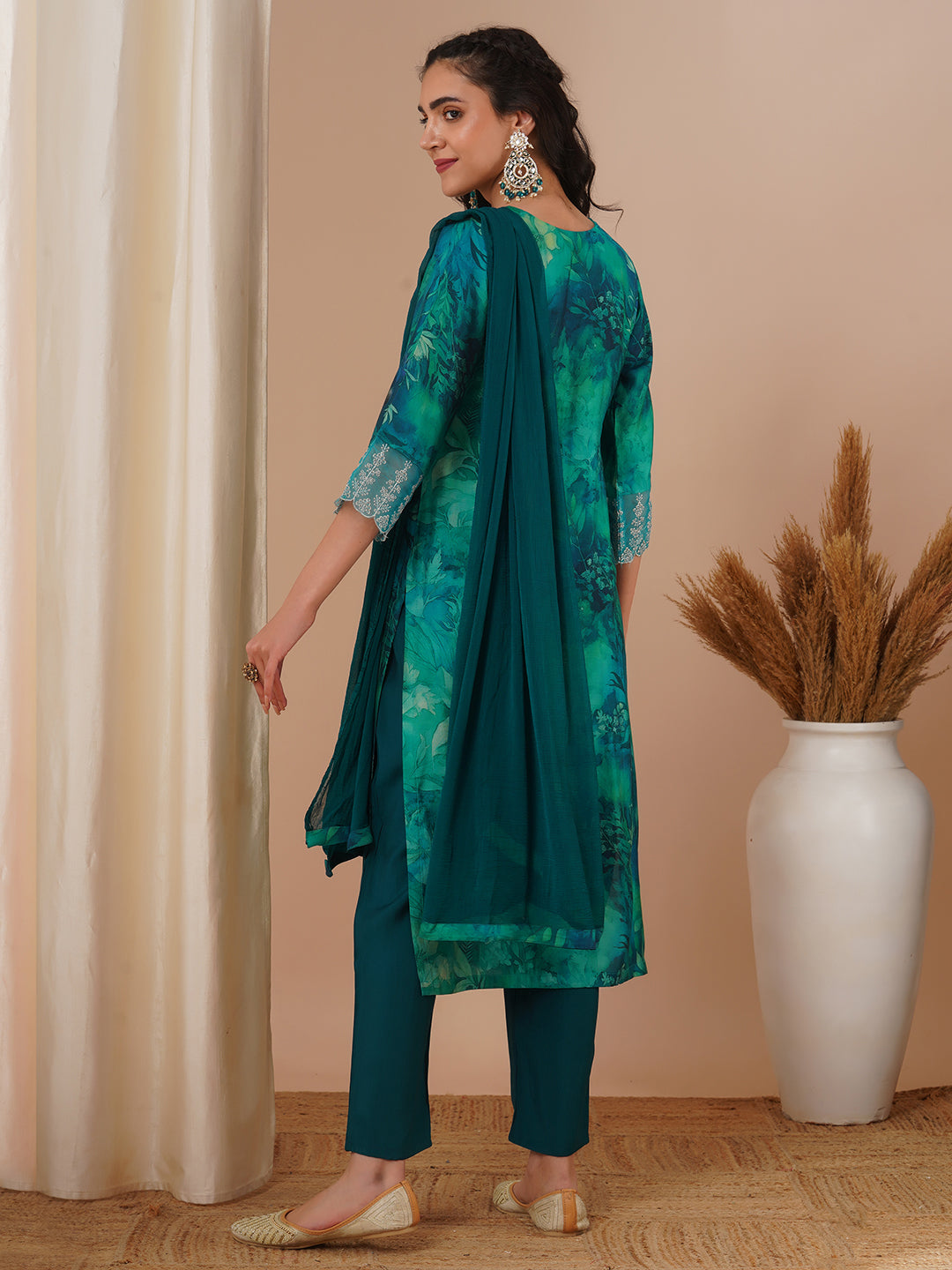 Abstract Printed & Embroidered Straight Fit Kurta with Pant and Dupatta - Sea Green