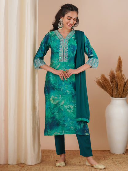 Abstract Printed & Embroidered Straight Fit Kurta with Pant and Dupatta - Sea Green