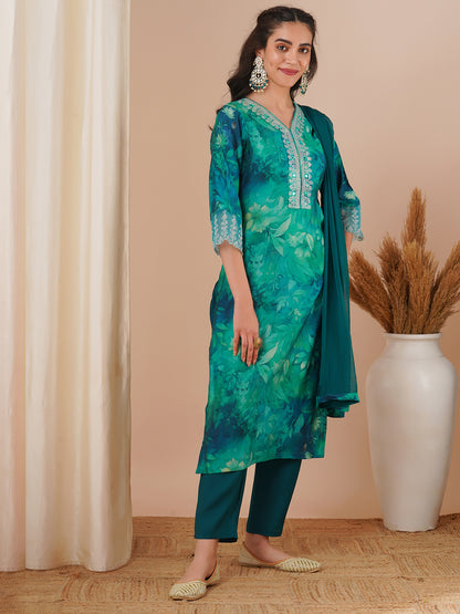 Abstract Printed & Embroidered Straight Fit Kurta with Pant and Dupatta - Sea Green