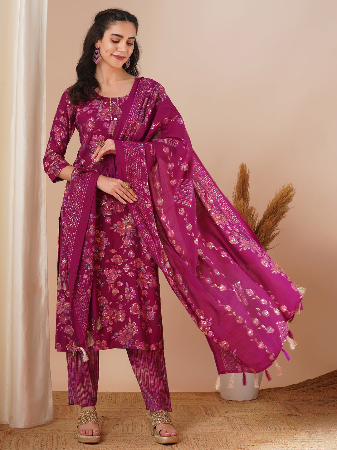 Floral Foil Printed Straight Fit Kurta with Pant & Dupatta - Magenta