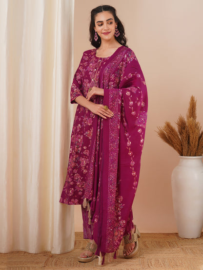 Floral Foil Printed Straight Fit Kurta with Pant & Dupatta - Magenta