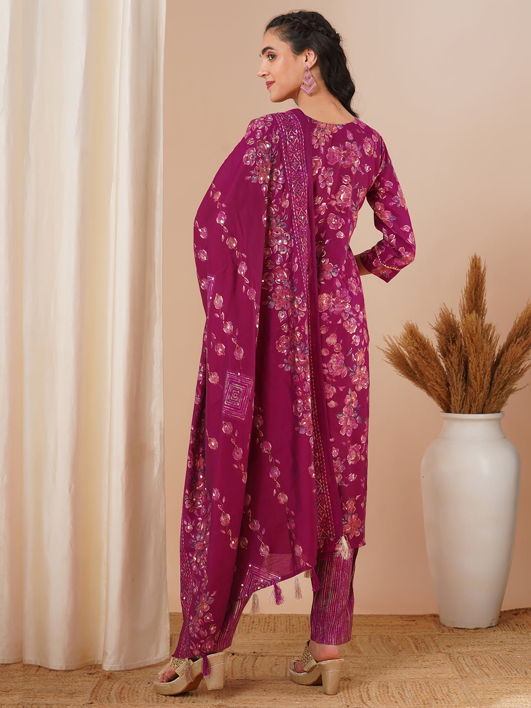 Floral Foil Printed Straight Fit Kurta with Pant & Dupatta - Magenta