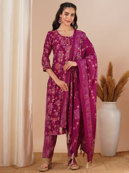 Floral Foil Printed Straight Fit Kurta with Pant & Dupatta - Magenta