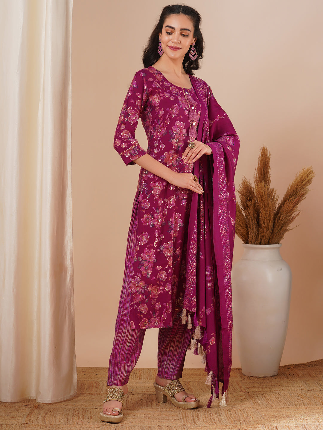 Floral Foil Printed Straight Fit Kurta with Pant & Dupatta - Magenta