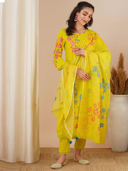 Floral Patchwork Embroidered Straight Fit Kurta with Pant and Printed Dupatta - Lime Green