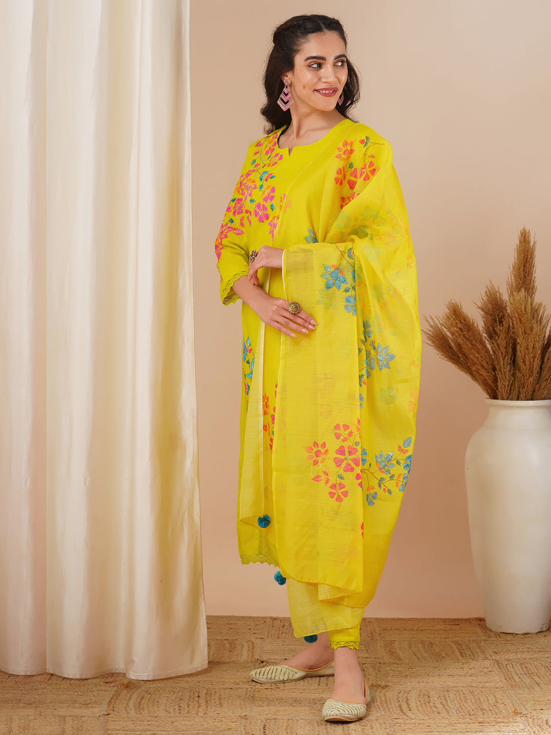 Floral Patchwork Embroidered Straight Fit Kurta with Pant and Printed Dupatta - Lime Green