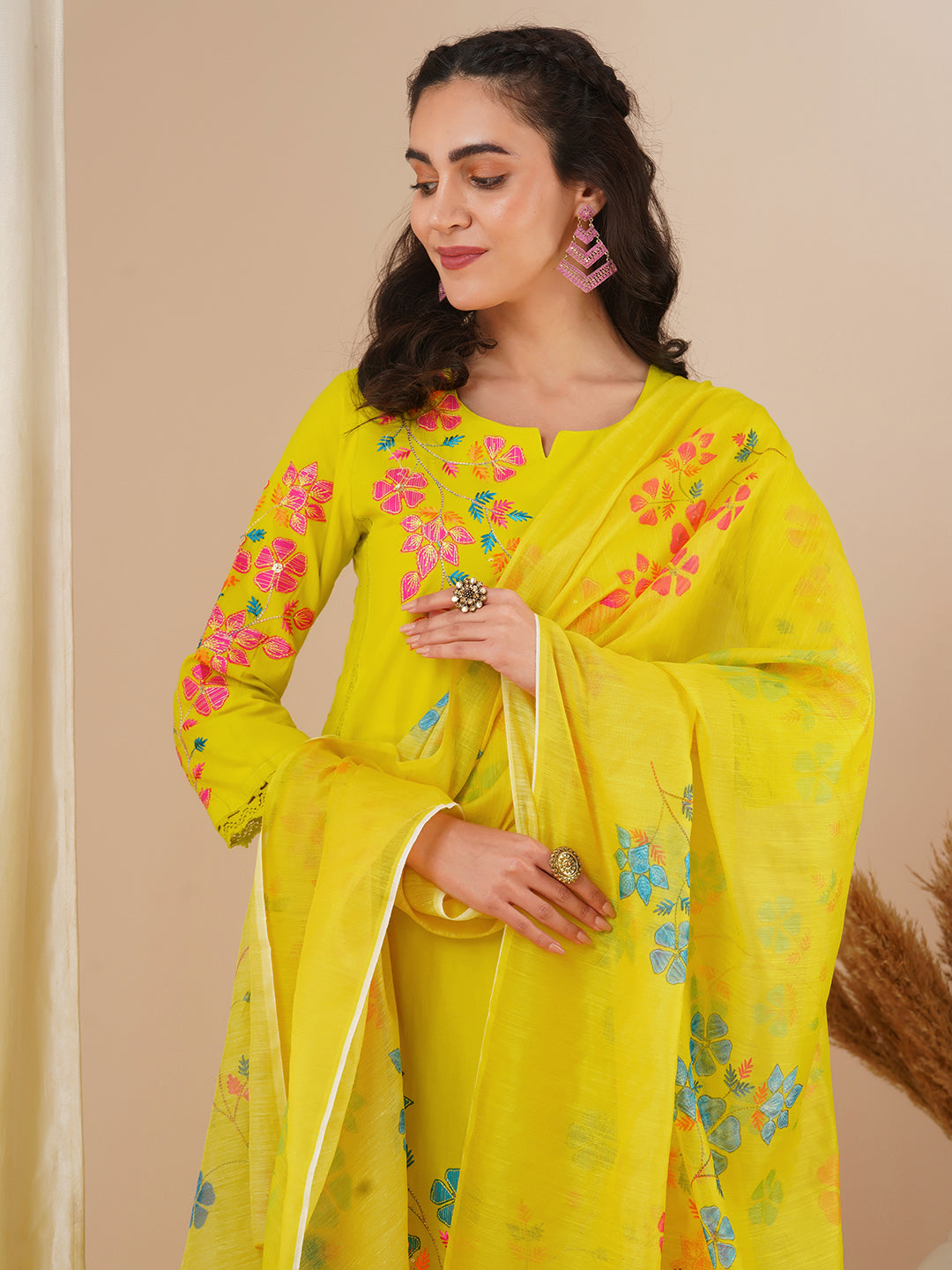 Floral Patchwork Embroidered Straight Fit Kurta with Pant and Printed Dupatta - Lime Green