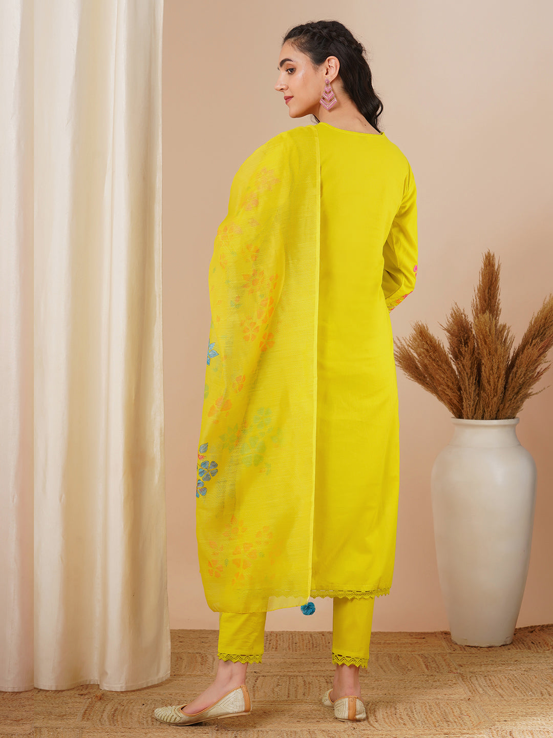 Floral Patchwork Embroidered Straight Fit Kurta with Pant and Printed Dupatta - Lime Green