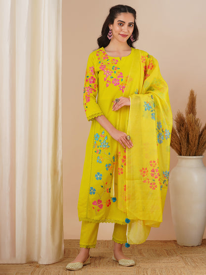 Floral Patchwork Embroidered Straight Fit Kurta with Pant and Printed Dupatta - Lime Green