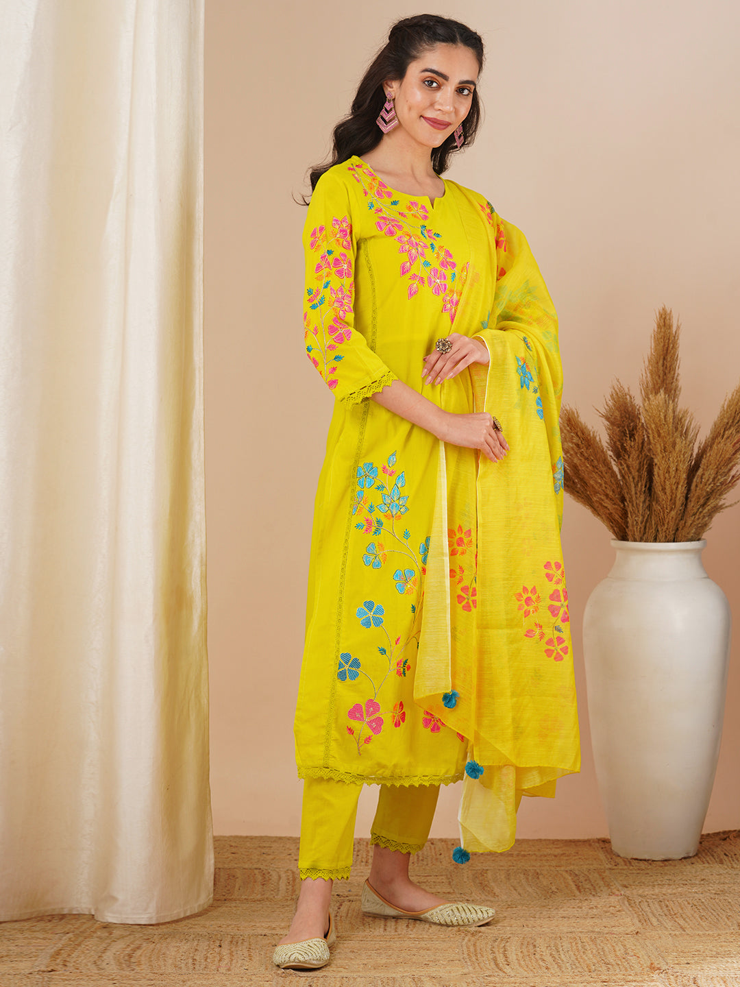 Floral Patchwork Embroidered Straight Fit Kurta with Pant and Printed Dupatta - Lime Green