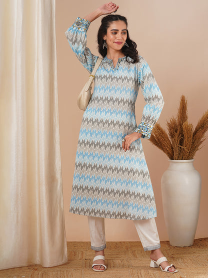 Ethnic Ikat Printed & Embroidered A-Line Midi Dress - Blue