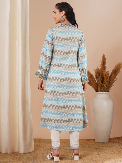 Ethnic Ikat Printed & Embroidered A-Line Midi Dress - Blue