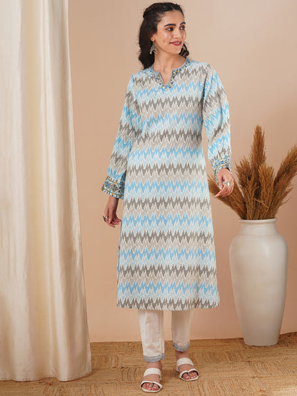 Ethnic Ikat Printed & Embroidered A-Line Midi Dress - Blue