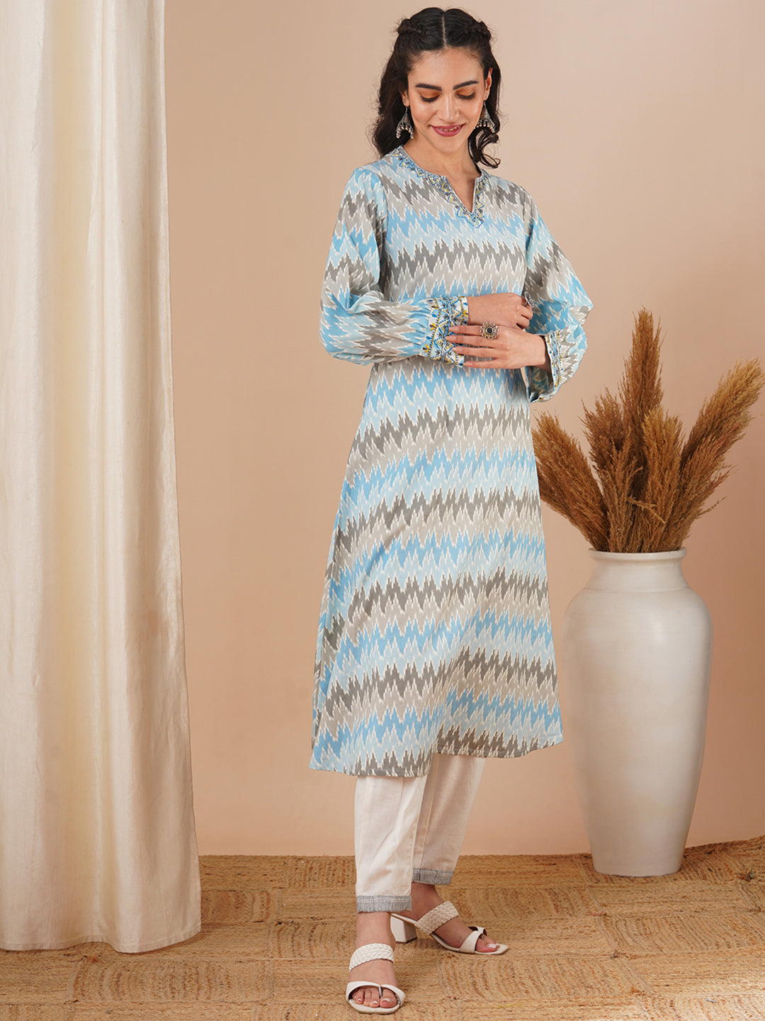 Ethnic Ikat Printed & Embroidered A-Line Midi Dress - Blue