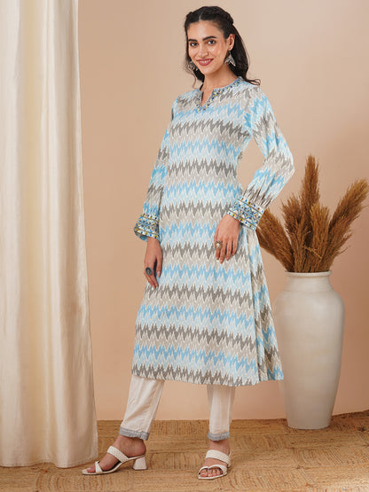 Ethnic Ikat Printed & Embroidered A-Line Midi Dress - Blue