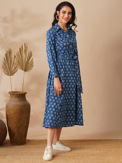 Ethnic Floral Printed A-Line Paneled Maxi Dress with Belt - Blue